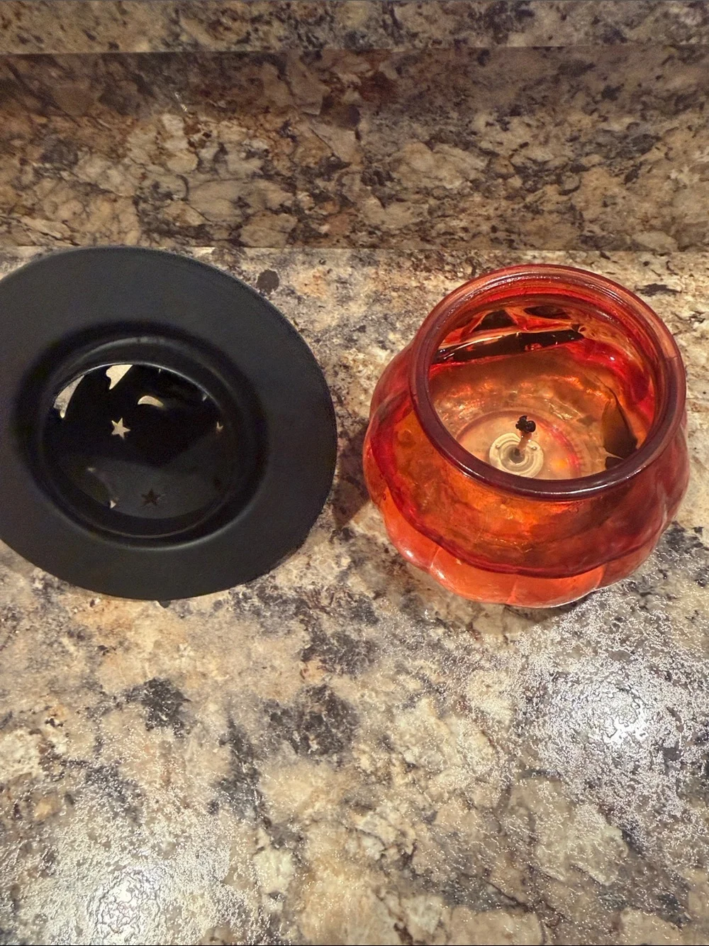 Halloween Glass Pumpkin Lantern with Black Witch Hat